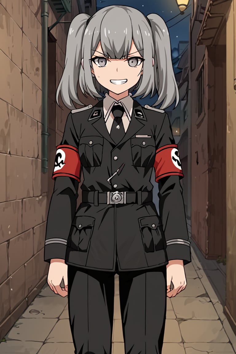 score_9, score_8_up, score_7_up, source_anime, 2D, flat colors, flat shadows, anime_screencap, ,1girl, solo, meirisenhime, grey hair, twintails, grey eyes, waffen-ss, ss insignia, uniform, military uniform, black uniform, black pants, armband, collared shirt, black necktie, skull emblem, standing, grin, outdoors, alley, night, cowboy shot