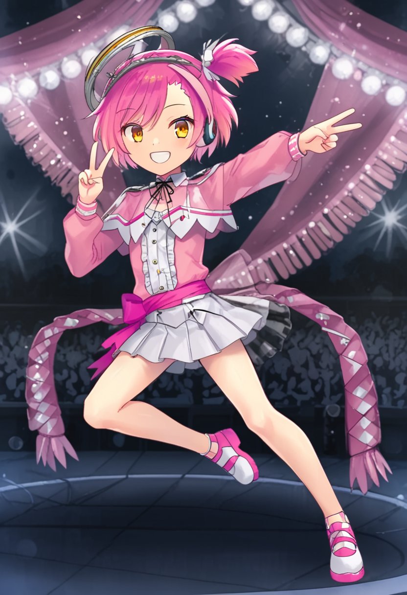 1girl, solo, yumesakiminakaren, pink hair, short hair, one side up, yellow eyes, orange eyes, headgear, headphones, pink shirt, long sleeves, white skirt, frills, idol outfit, dancing, on stage, audience, smile, teeth, peace, v