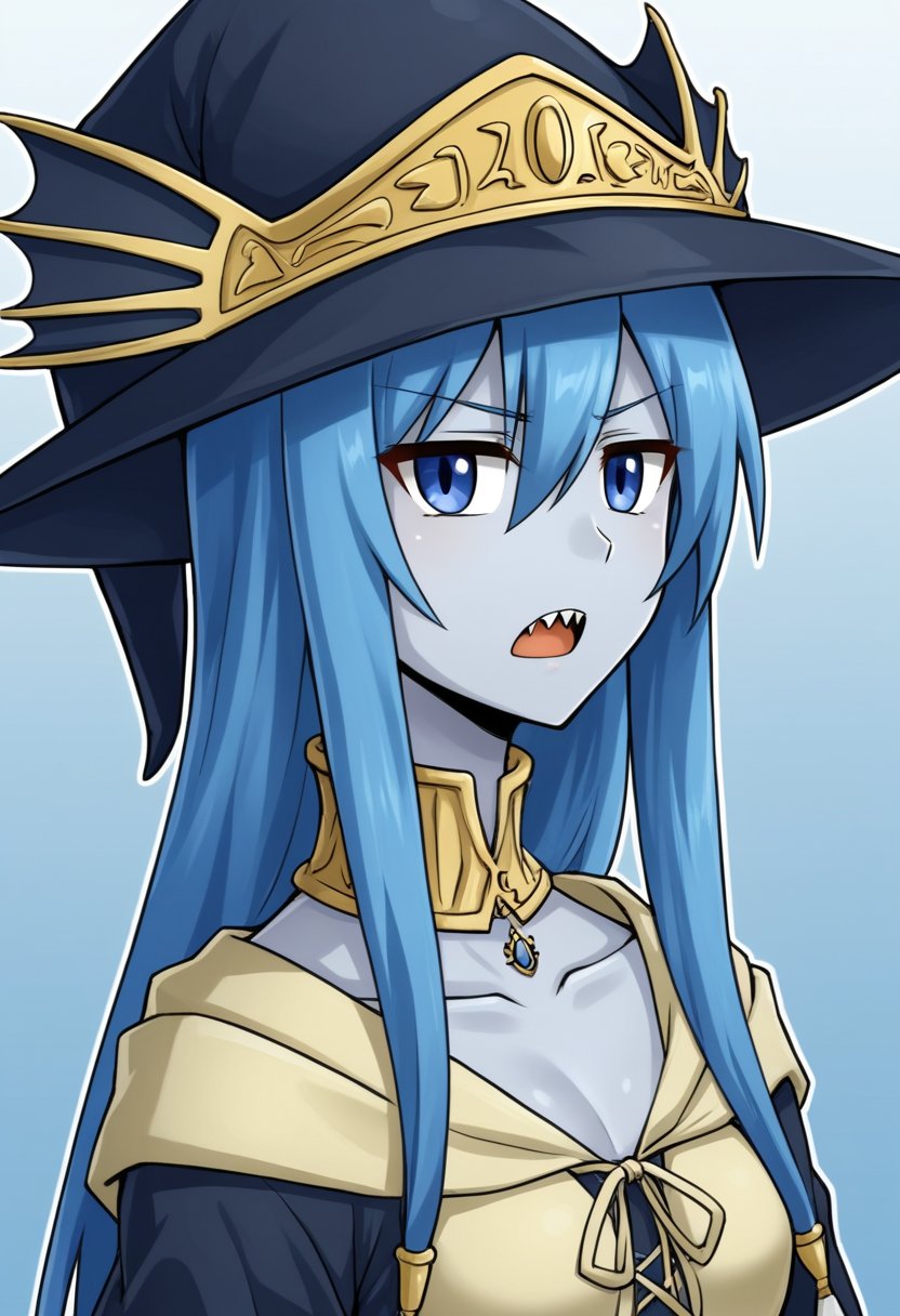 1girl, solo, arielerialritua, duel monster, blue hair, long hair, blue eyes, witch hat, scales, fish monster, open mouth, sharp teeth, bgrey skin, serious