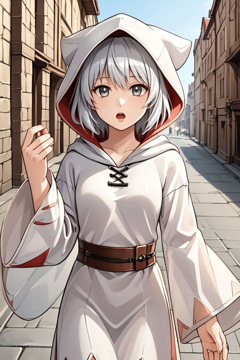 1girl, solo, rainaygo, duel monster, white hair, short hair, grey eyes, hood, white dress, long sleeves, wide sleeves, hooded dress, hood on, outdoors, medieval city, fantasy theme, open mouth, parted lips, cowboy shot,