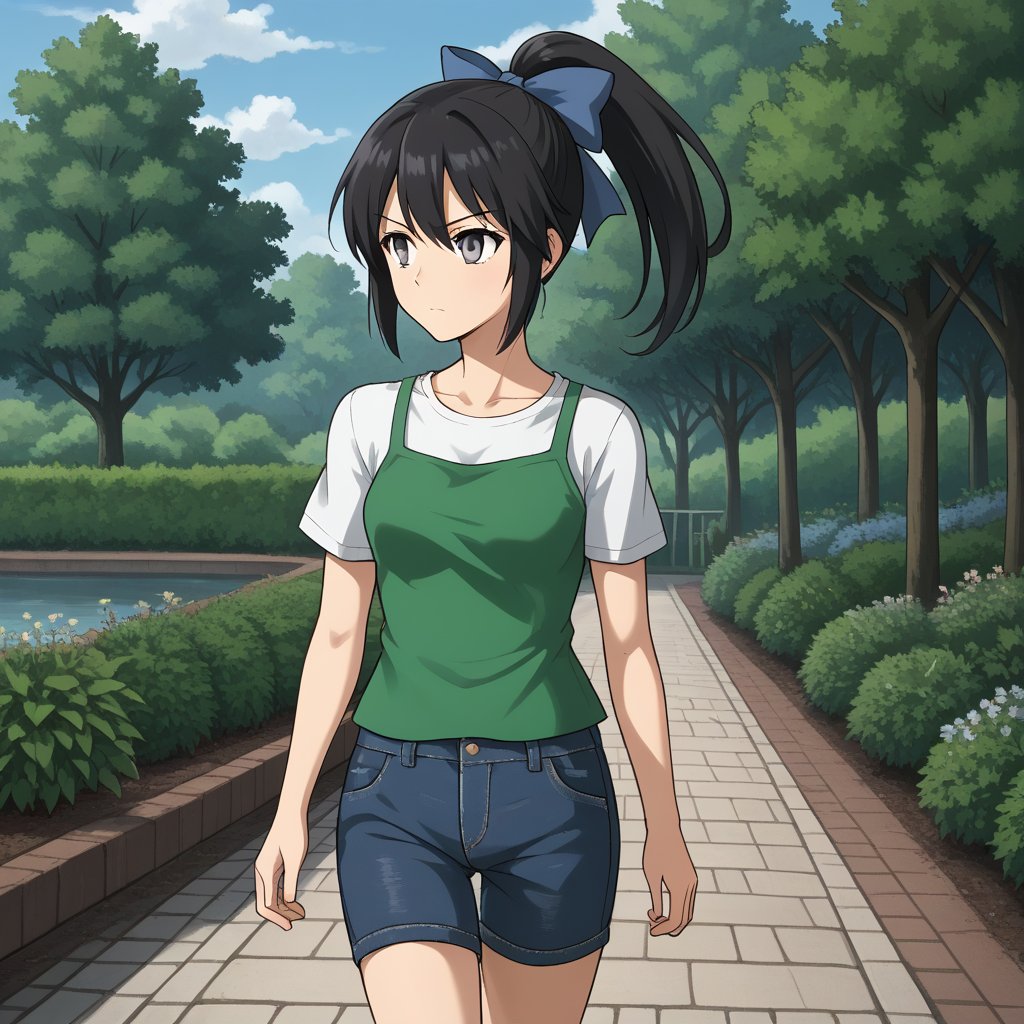 1girl, solo, toudouharukakisei, black hair, ponytail, grey eyes, hair bow, blue bow, layered shirt, denim shorts, outdoors, garden, serious, walking, cowboy shot
