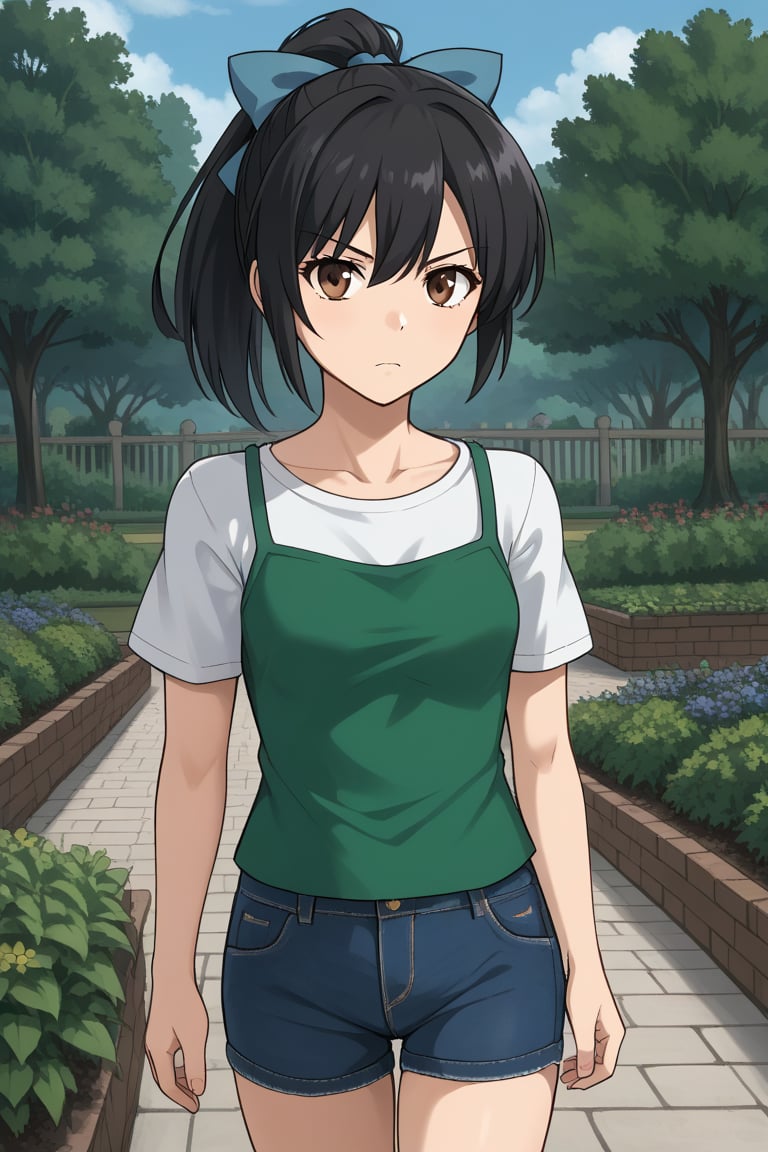 1girl, solo, toudouharukakisei, black hair, ponytail, brown eyes, hair bow, blue bow, layered shirt, denim shorts, outdoors, garden, serious, walking, cowboy shot, looking at viewer
