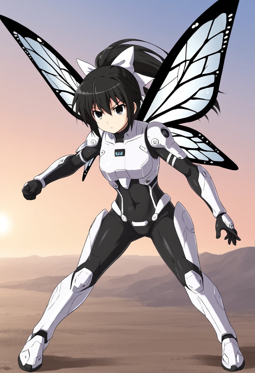 1girl, solo, tsubasadtkw, black hair, black eyes, ponytail, white bow, hair bow, black bodysuit, white armor, futuristic theme, butterfly wings, metal wings, fight stance, serious, mecha musume, outdoots, sky, flying