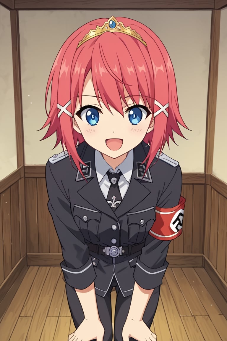 ,score_9, score_8_up, score_7_up, source_anime, 2d, anime_screencap, 1girl, solo, mitsurugi_asuka, pink hair, short hair, blue eyes, tiara, x hair ornament, waffen-ss, ss insignia, uniform, military uniform, black uniform, black pants, armband, collared shirt, black necktie, skull emblem, standing, hands on knees, open mouth, smile, indoors, empty room, pov, cowboy shot,