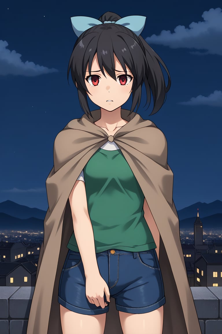 1girl, solo, mutatedharuka, toudouharukakisei, black hair, ponytail, red eyes, hair bow, blue bow, green shirt, brown cloak, mutated arms, monster girl, denim shorts,, outdoors, rooftop, cityscape, cloudy sky, night, standing, sad, teeth, grimace, cowboy shot, facing viewer, looking at viewer