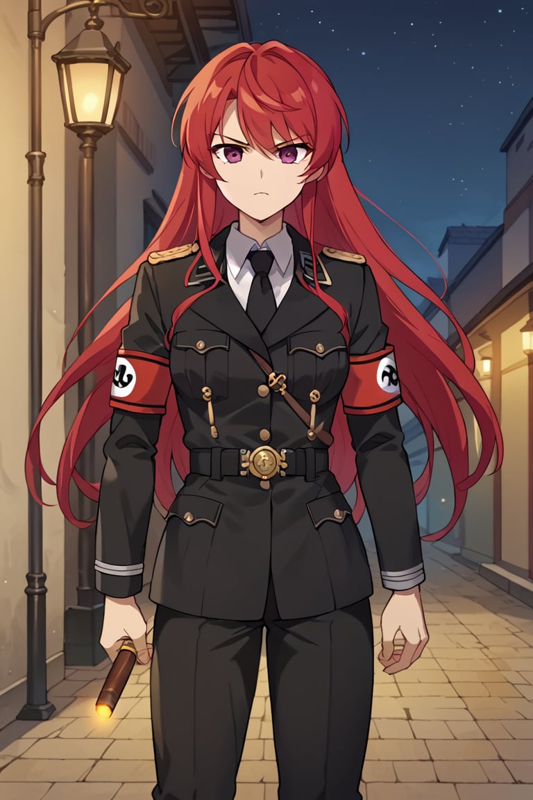 rating_safe, score_9, score_8_up, score_7_up, source_anime, 2d, anime_screencap ,1girl, solo, miuazaleastar, medium breasts, red hair, long hair, purple eyes, waffen-ss, ss insignia, uniform, military uniform, black uniform, black pants, armband, collared shirt, black necktie, skull emblem, standing, outdoors, night, serious, holding, cigar,