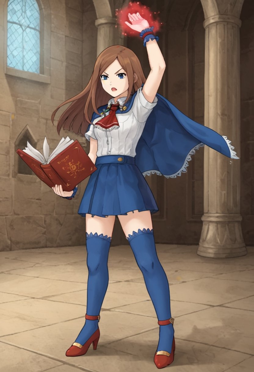 1girl, solo, charlotteaulinpor, brown hair, long hair, blue eyes, white shirt, short sleeves, red ascot, blue cape, capelet, wrist cuffs, blue skirt, blue thighhighs, red heels, holding, book, open book, one arm up, indoors, castle, full body, serious, open mouth, magic, spell