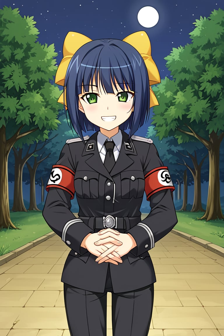 ,1girl, solo, hazukini, short hair, blue hair, green eyes, bow, hair bow, yellow bow, waffen-ss, ss insignia, uniform, military uniform, black uniform, black pants, armband, collared shirt, black necktie, skull emblem, standing, outdoors, night, clasped hands, sad, smile, grin, trees, path, moon, cowboy shot,