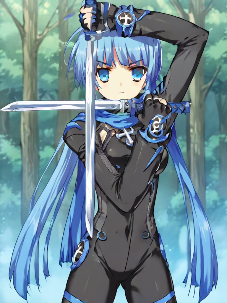 score_9, score_8_up, score_7_up, source_anime, 2D, flat colors, flat shadows, anime_screencap ,1girl, solo, blue hair, long hair, ponytail, blunt bangs, blue eyes, scarf, bodysuit, fingerless gloves, dual wielding \(cross\), holding sword, standing, serious, outdoors, forest,