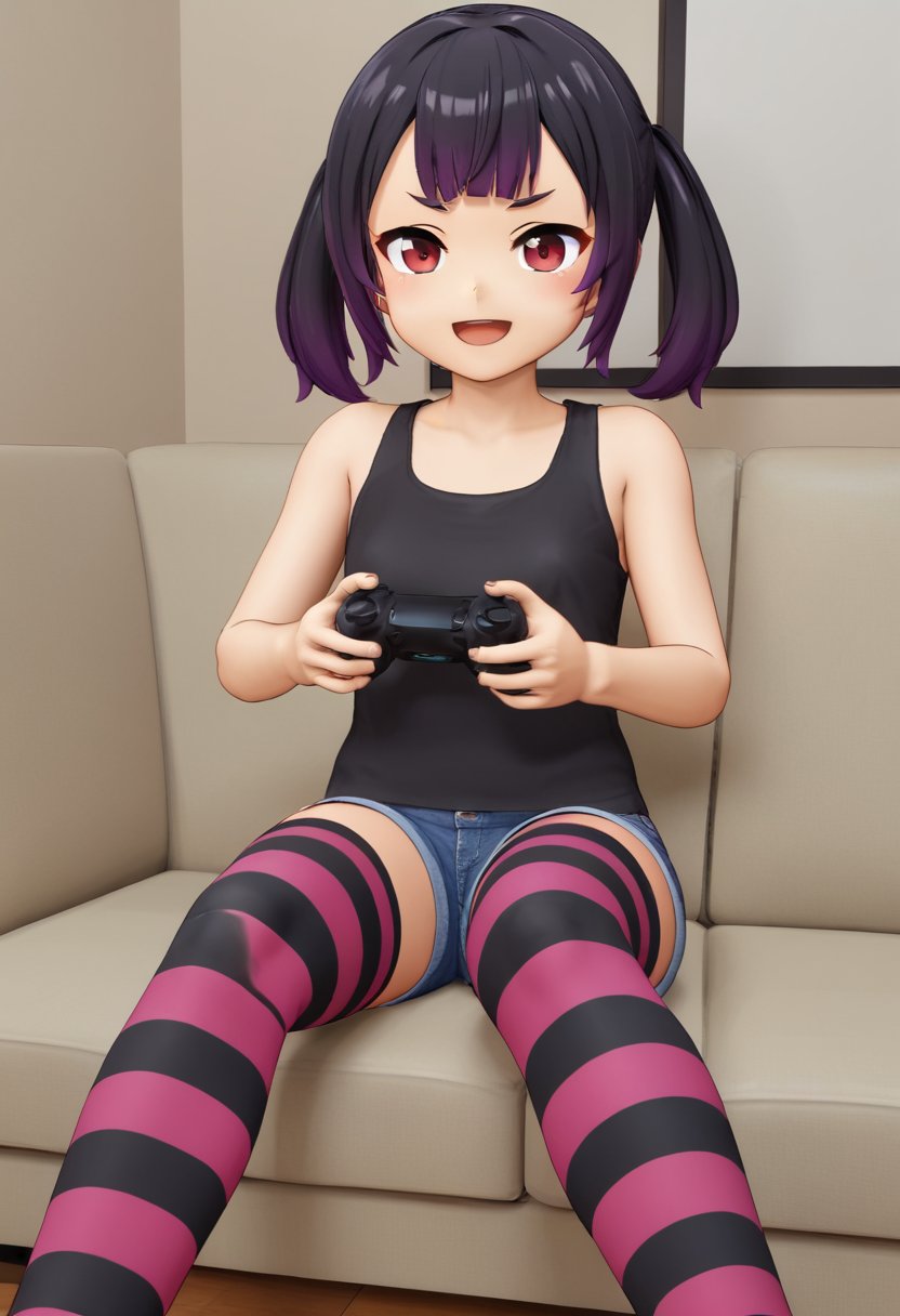 1girl, solo, mihamamiusanjiku, black hair, purple hair, multicolored hair, gradient hair, blunt bangs, twintails, red eyes,black tanktop, denim shorts, purple thighhighs, striped thighhighs, open mouth, smile, sitting, sofa, holding, gaming controller, indoors, living room