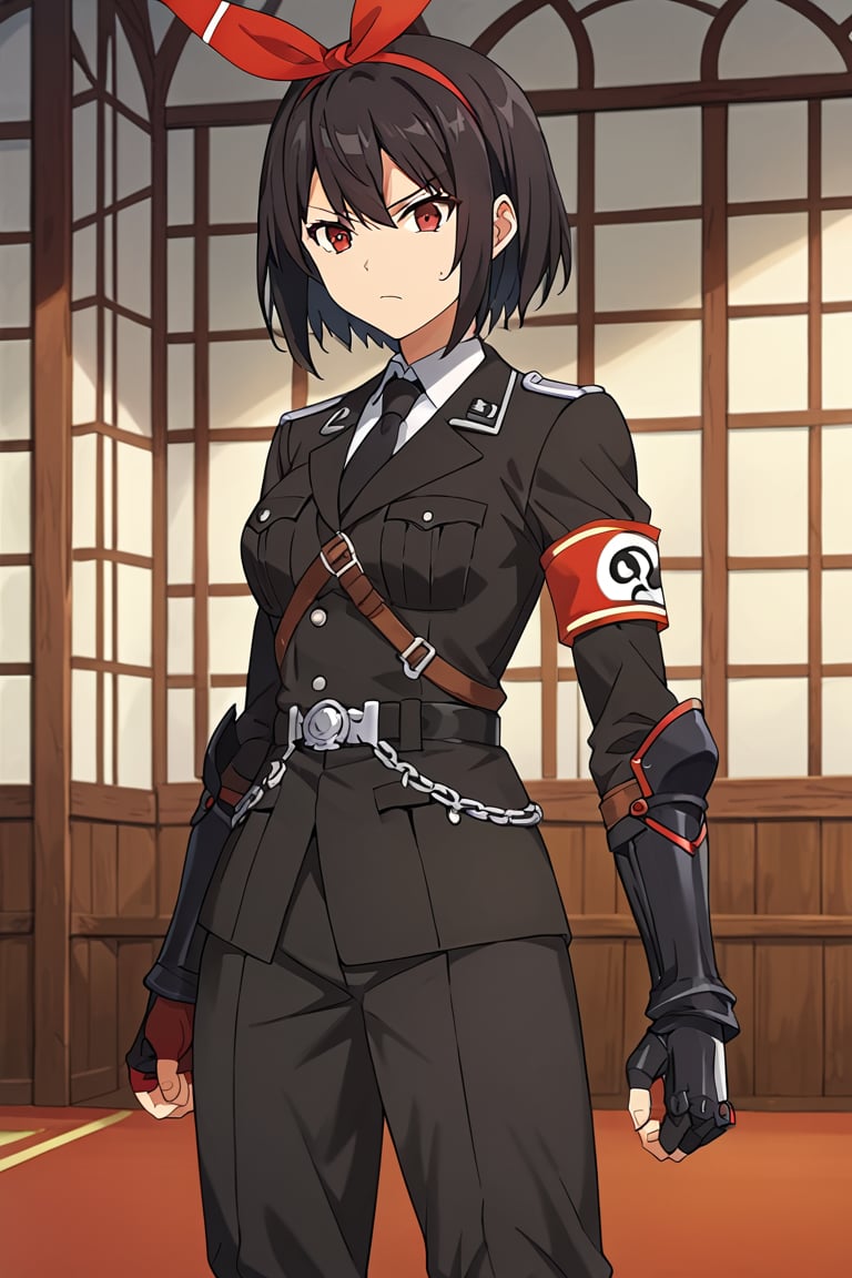 rating_safe, score_9, score_8_up, score_7_up, source_anime, 2d, anime_screencap ,1girl, solo, nagisassplendor, black hair, short hair, red eyes, hairband, hair ribbon, fingerless gloves, gauntlets, waffen-ss, ss insignia, uniform, military uniform, black uniform, armband, collared shirt, black necktie, skull emblem, standing, serious, indoors, cowboy shot, standing, serious,