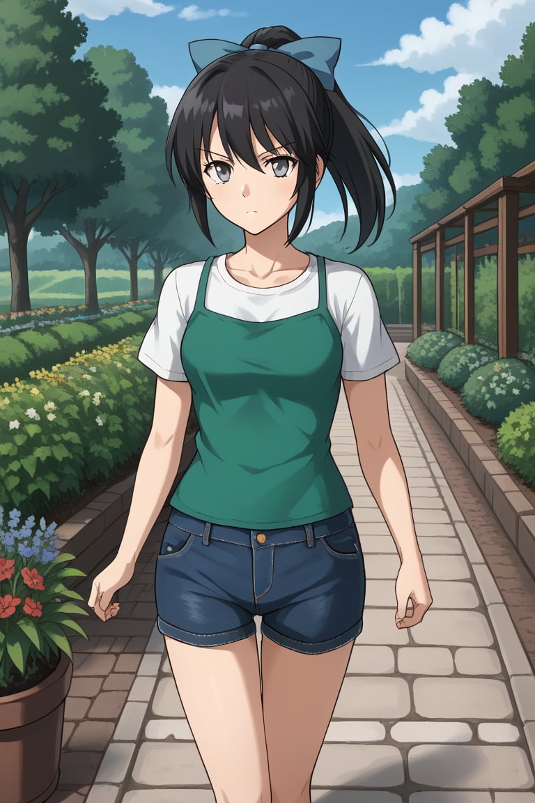 1girl, solo, toudouharukakisei, black hair, ponytail, grey eyes, hair bow, blue bow, layered shirt, denim shorts, outdoors, garden, serious, walking, cowboy shot, looking at viewer
