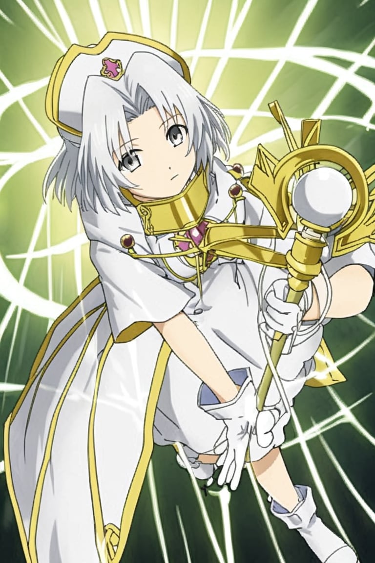 1girl, solo, rainaygo, duel monster, white hair, short hair, grey eyes, white headwear, white dress, short sleeves, white gloves, white footwear