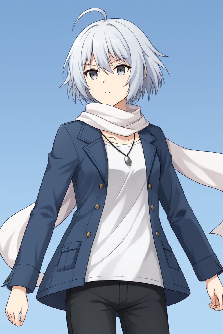 1girl, solo, rainaygo, duel monster, white hair, short hair, ahoge, grey eyes, modern urban clothes, casual clothing, blue jacket, long sleeves, white shirt, necklace, white scarf, black pants, standing, parted lips, serious, blue background, wind, 