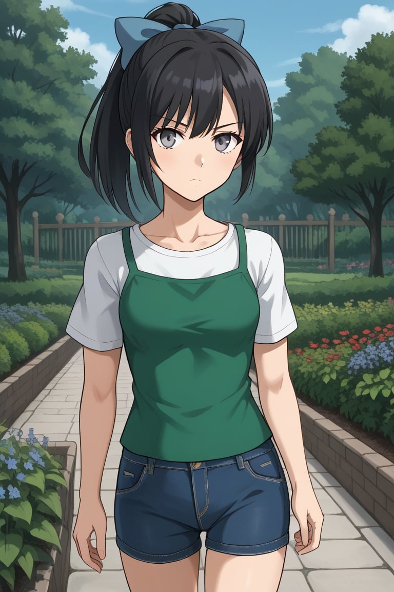 1girl, solo, toudouharukakisei, black hair, ponytail, grey eyes, hair bow, blue bow, layered shirt, denim shorts, outdoors, garden, serious, walking, cowboy shot, looking at viewer
