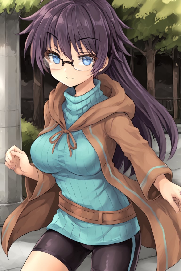 1girl, solo, dtharuna, black hair, purple hair, long hair, ahoge, blue eyes, eyewear, glasses, ribbed sweater, turtleneck, green sweater, brown robe, hooded robe, bike shorts, belt, outdoors, park, smug, smile, standing, cowboy shot