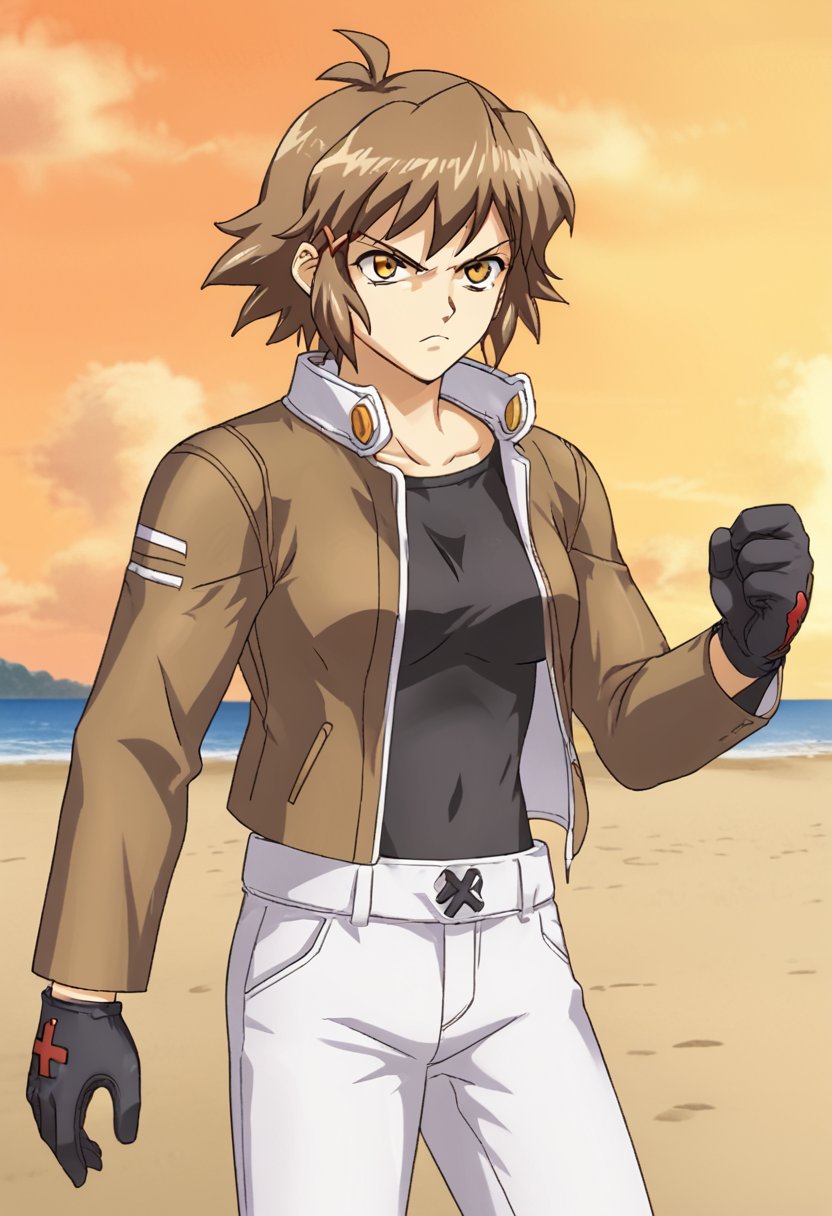 1girl, solo, thibikianotherif, brown hair, antenna hair, brown eyes, yellow eyes, short hair, hairclip, brown jacket, open clothes, black shirt, white pants, black gloves, standing, serious, angry, outdoors, beach, sunset