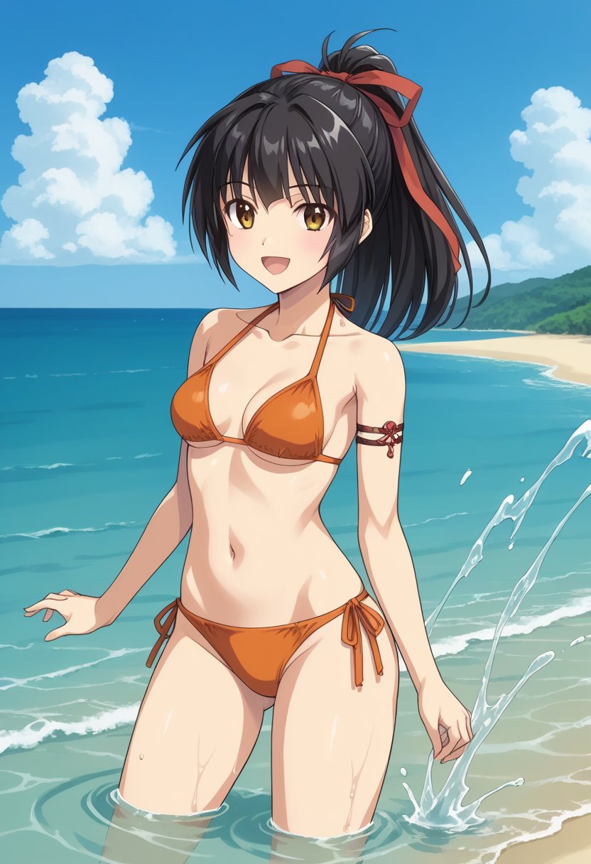 1girl, solo, koyoriamamiya, black hair, ponytail, hair ribbon, red ribbon, yellow eyes, brown eyes, orange bikini, armlet, outdoors, beach, sky, partially submerged, sea, standing, splashing, open mouth, smile