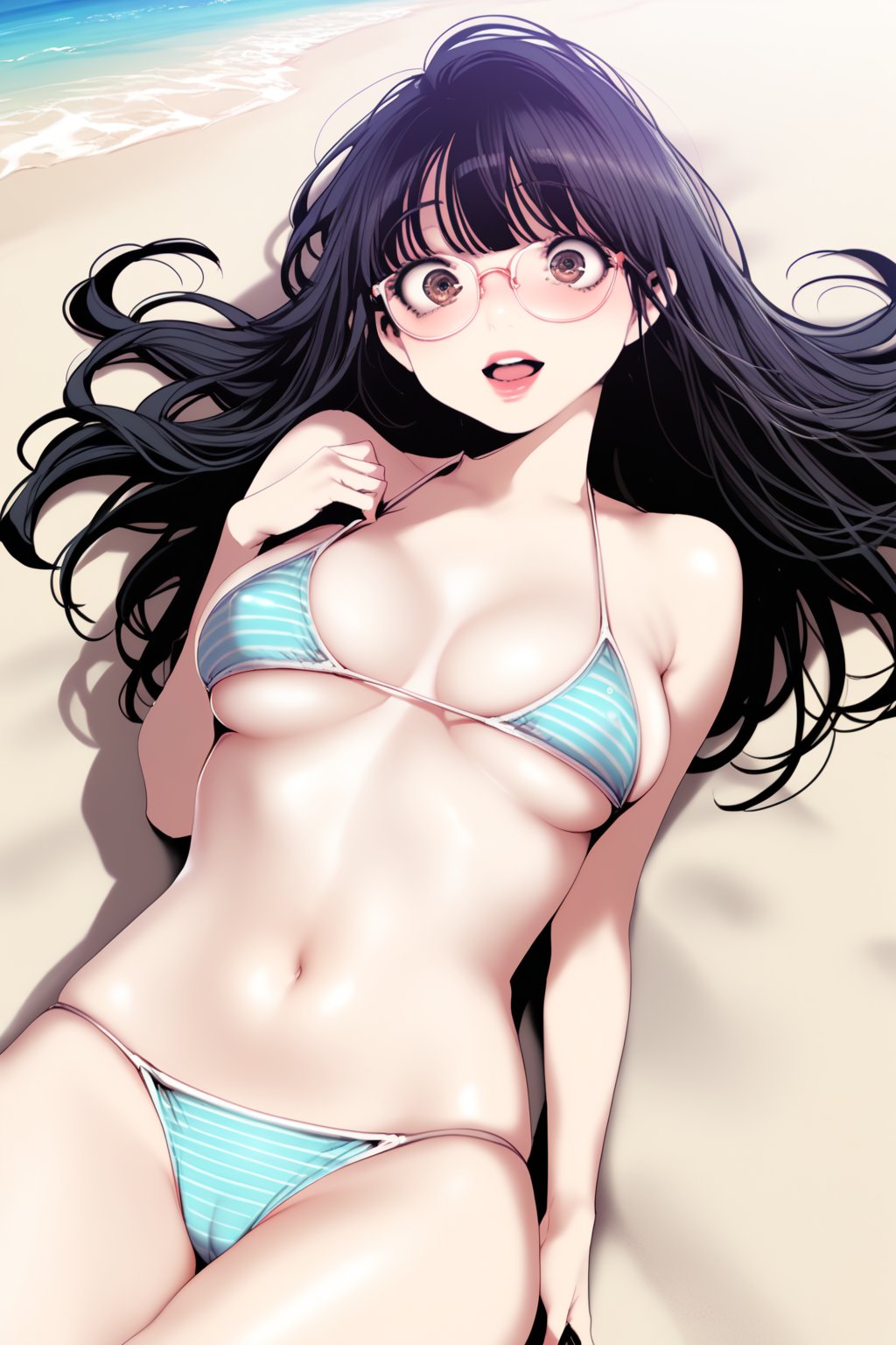 bikini  ,  on beach  ,  resort, in public , 
BREAK , 
score_9, score_8_up, score_7_up, score_6, score_5, score_4, ( masterpiece , ultra Detailed  ) , 
jeongsookdef , brown eyes, black hair , long hair , glasses