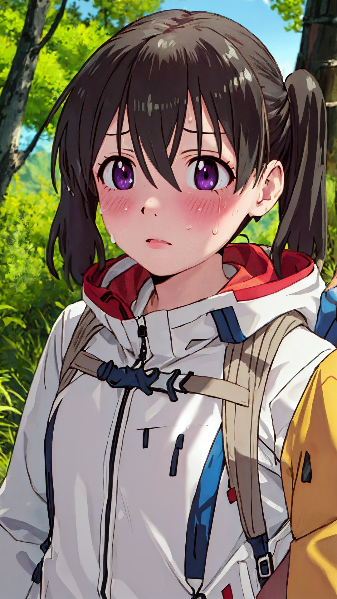 (masterpiece, best quality:1.1), intricate details, (  blush ,  sweating : 1.0) , hiking,  outdoor Jacket, 

kuraue_hinata_encouragementofclimb, 
black_hair, blush, purple_eyes, twintails, bangs,  hair_between_eyes