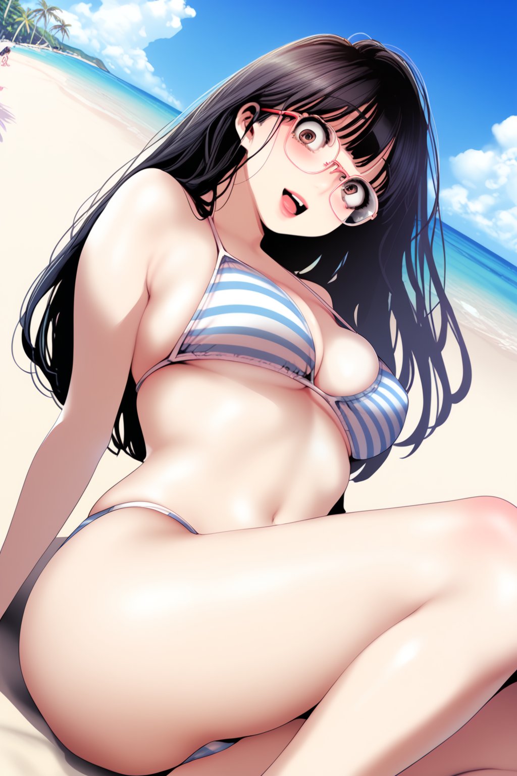 bikini  , enjoy , in the sea , 
 beach  ,  resort, in public , others , 
BREAK , 
score_9, score_8_up, score_7_up, score_6, score_5, score_4, ( masterpiece , ultra Detailed  ) , 
jeongsookdef , brown eyes, black hair , long hair , glasses