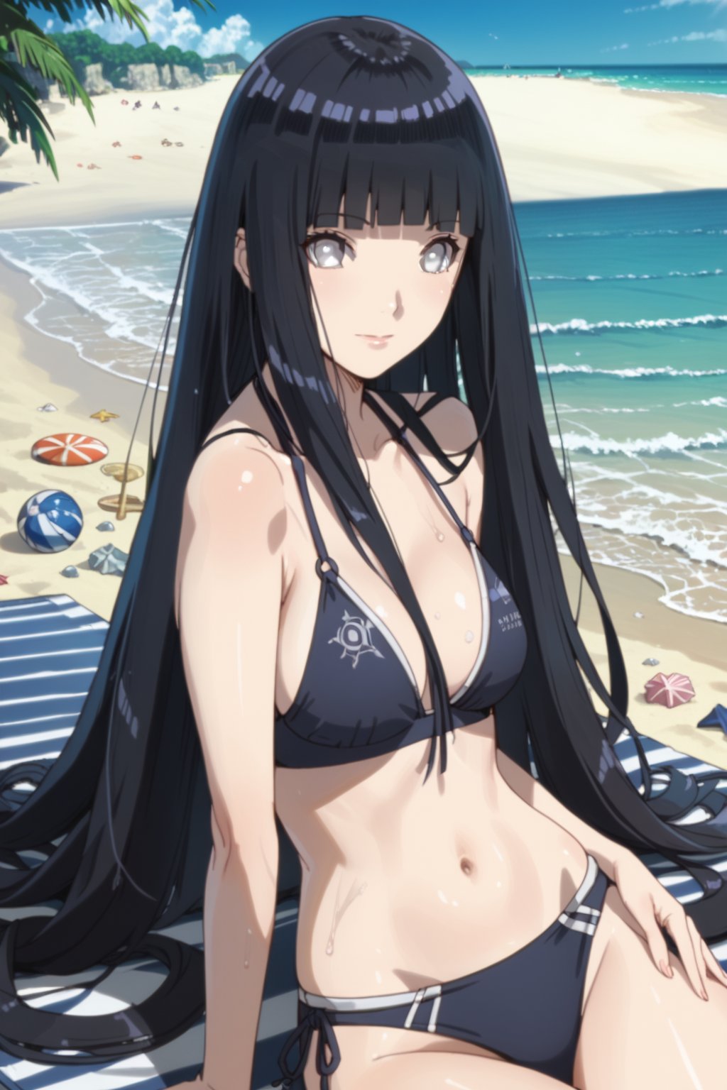 bikini , on the beach , 
BREAK , 
score_9, score_8_up, score_7_up, score_6, score_5, score_4, ( masterpiece , ultra Detailed  ) , 
ChopioHyugaHinata
 , black hair , long hair , straight hair , white eyes , 
shiny hair, blunt bangs, no pupils, 