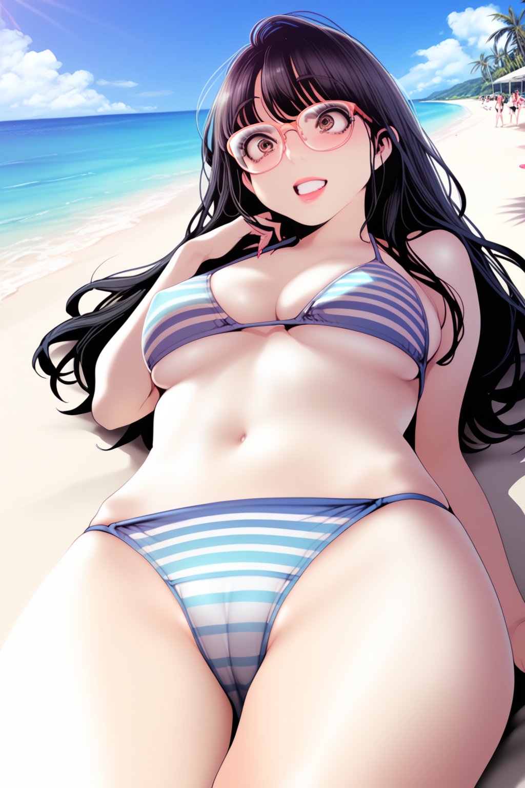 bikini  , enjoy , in the sea , 
 beach  ,  resort, in public , others , 
BREAK , 
score_9, score_8_up, score_7_up, score_6, score_5, score_4, ( masterpiece , ultra Detailed  ) , 
jeongsookdef , brown eyes, black hair , long hair , glasses