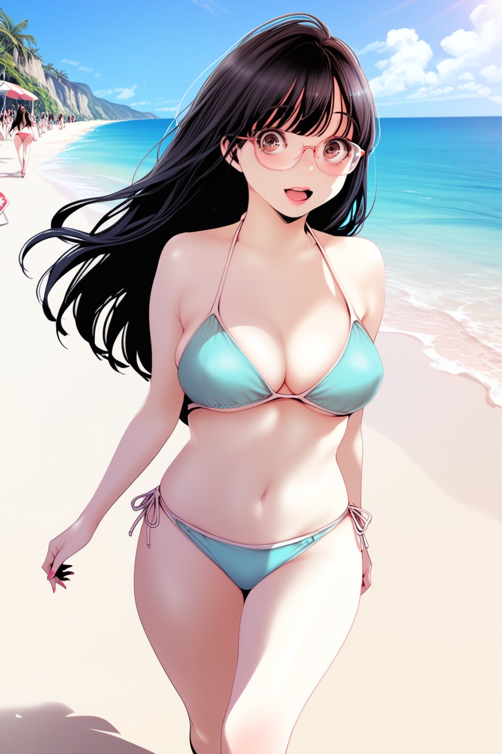 bikini  ,walking ,   on beach  ,  resort, in public , others , 
BREAK , 
score_9, score_8_up, score_7_up, score_6, score_5, score_4, ( masterpiece , ultra Detailed  ) , 
jeongsookdef , brown eyes, black hair , long hair , glasses