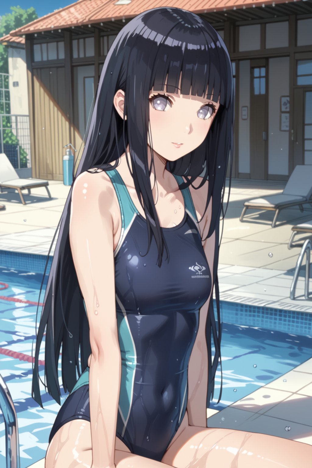 competition Swimsuit , swimmer , poolside , 
BREAK , 
score_9, score_8_up, score_7_up, score_6, score_5, score_4, ( masterpiece , ultra Detailed  ) , 
ChopioHyugaHinata
 , black hair , long hair , straight hair , white eyes , 
shiny hair, blunt bangs, no pupils, 