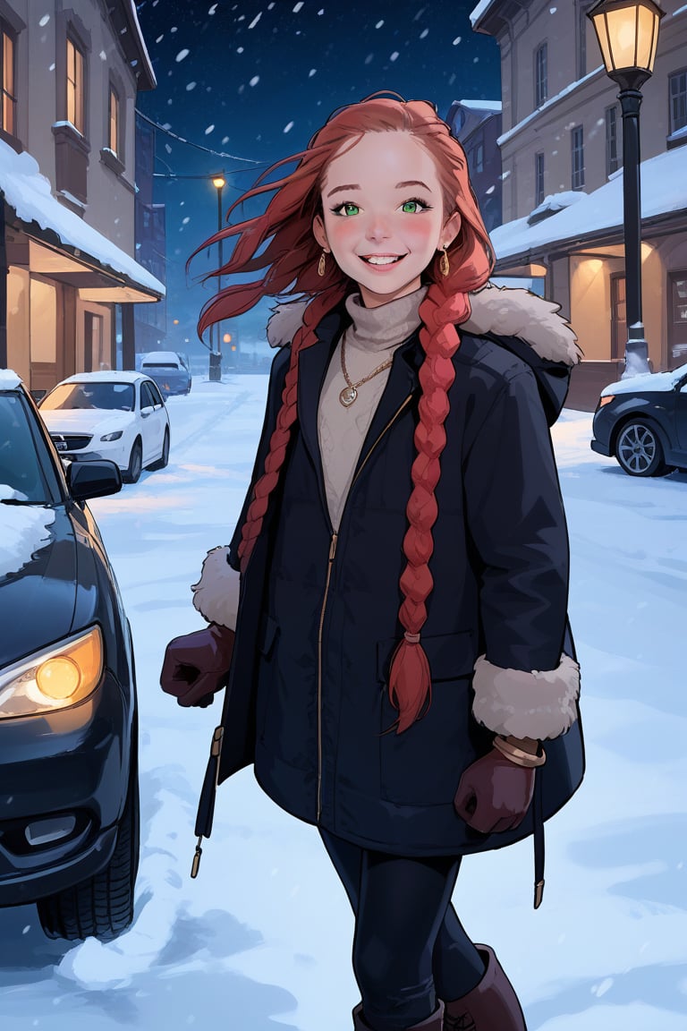 score_9, score_8_up, score_7_up,(source_cartoon),1girl,(thin body,skinny body),(red braided hair,red hair,realistic hair:1.3),(green eyes,eyelashes,catchlights),(smiling,pleased,parted lips,upper teeth only,perfect mouth),(earrings,simple necklace,bracelets). Standing next to a car at night. Heavy black coat. Coat is zipped. Gloves. Boots. Hood pulled up. Snow. Snowing. Dark. Only light source is from a streetlight.