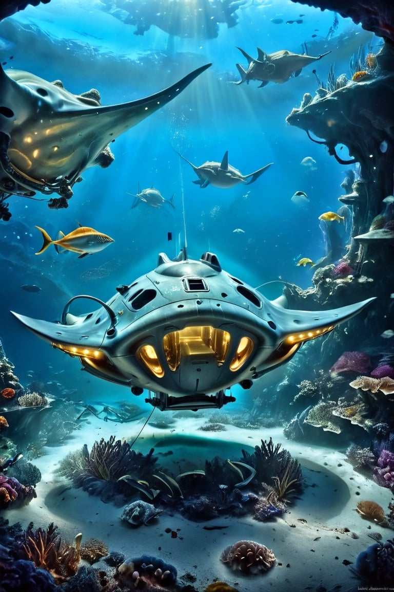 sci-Fi, long underwater stingray sub in the ocean, bioluminescence, lights, windows, sonar, hyper-realism, realistic, masterpiece, intricate details, best quality, highest detail, professional photography, detailed background, depth of field, insane details, intricate, aesthetic, photorealistic, Award - winning, with Kodak Portra 800, extreme depth of field, Ultra HD, HDR, DTM, 8K, science fiction,carbonfiber