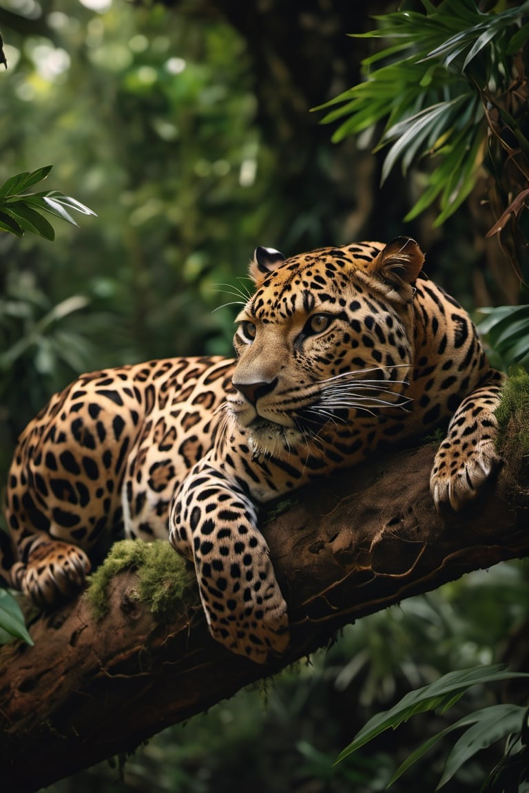 a photograph of a leopard resting on a large branch of a tree in a jungle, hyper-realism, realistic, masterpiece, intricate details, best quality, highest detail, professional photography, detailed background, depth of field, insane details, intricate, aesthetic, photorealistic, Award - winning, with Kodak Portra 800, extreme depth of field, Ultra HD, HDR, DTM, 8K