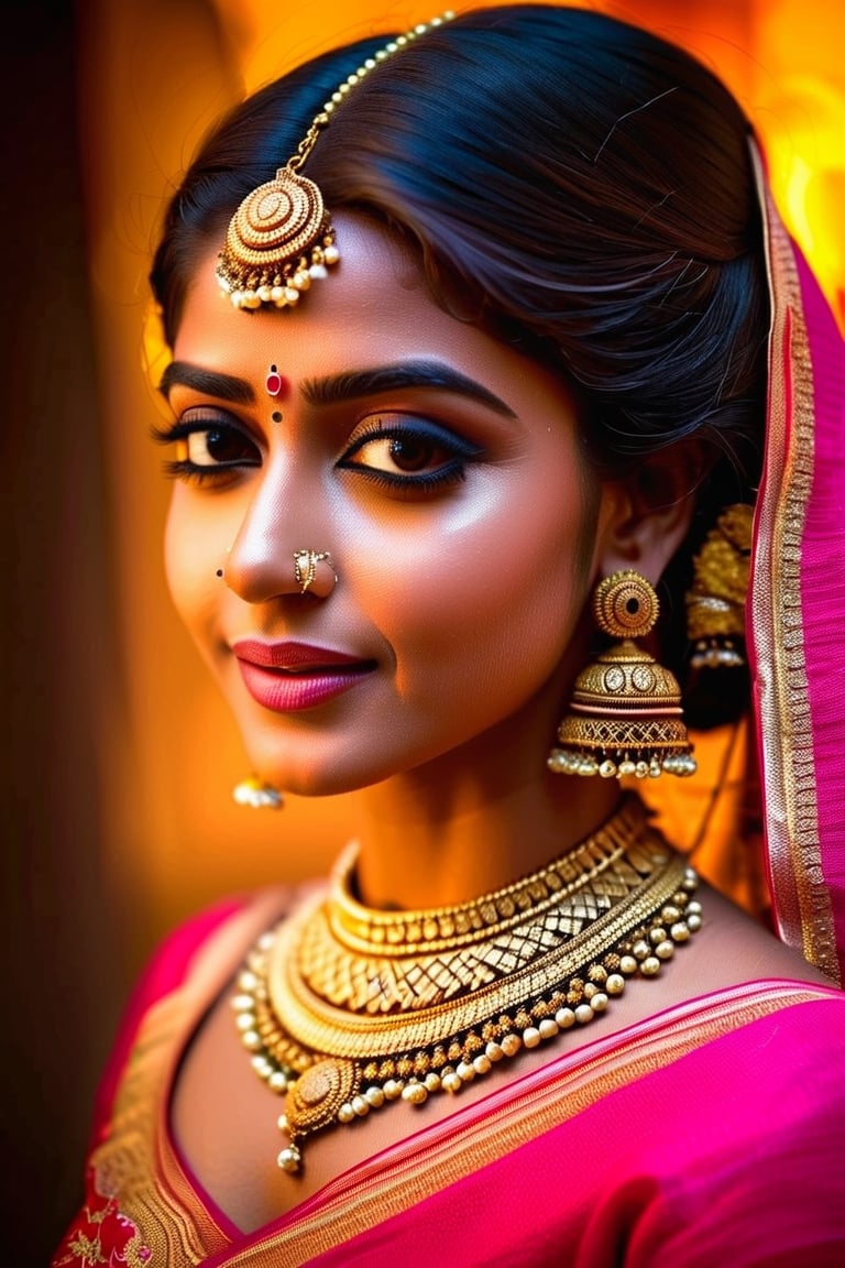 (best quality,4k,8k,highres,masterpiece:1.2),ultra-detailed,(realistic,photorealistic,photo-realistic:1.37),beautiful indian woman,close-up portrait,expressive eyes,long eyelashes,radiant smile,vibrant traditional attire,ornate jewelry,soft and glowing skin,subtle makeup,intricate henna design,graceful pose,golden hour lighting,colorful background,ethereal beauty,warm color tones,bokeh