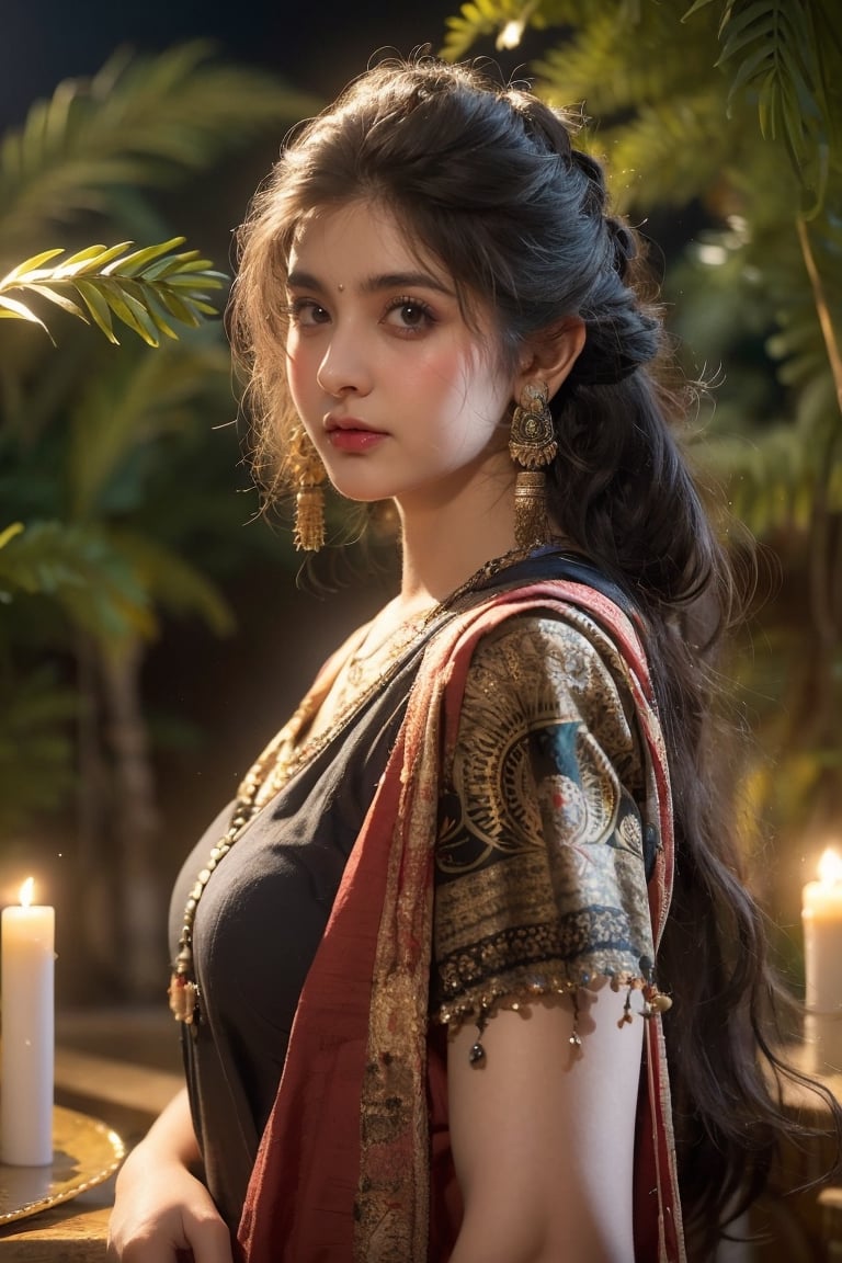 Best quality, Masterpiece, Ultra High Resolution, (Fidelity:1.2), (Realistic:1.3), 1woman, mature Bangladeshi woman, black 
 eyes, black hair flaps, portrait, solo, upper body, looking at viewer, detailed background, detailed face, ancient Bangladeshi theme, feral jungle warrior, pink tribal clothing, obsidian, defensive stance, stone knife, bushes, poisonous plants, rocks,  humid climate, darkness, cinematic atmosphere,
dark chamber, dim light (zentangle, mandala, tangle, entangle), (golden and green tone:0.5)
(35mmstyle:1.1), front, masterpiece, 1970s film, cinematic lighting, photo-realistic, high frequency details, 35mm film, (film grain), film noise,Shiny_skin Bangladeshi