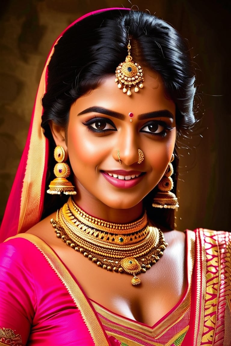 (best quality,highres),beautiful sexy indian woman,cute smile,detailed eyes and face,longeyelashes,gorgeous black hair,traditional indian clothing,ornate jewelry,delicate features,confidence,proud expression,vibrant colors,soft skin tones,artistic lighting,studio photography