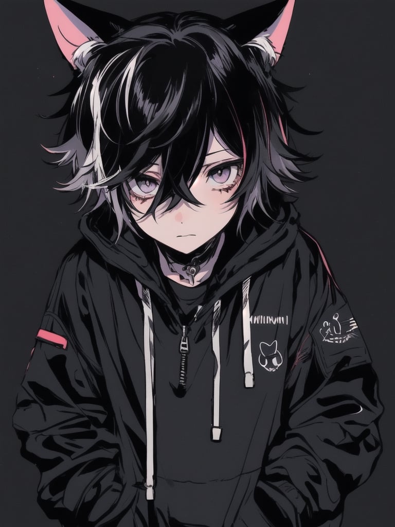 male_solo,overdose,dark,white_hair,(((yamikawa))),black,wrist_cut,yami,put hand in pocket,insane,facial expression,nohands,cat_ears