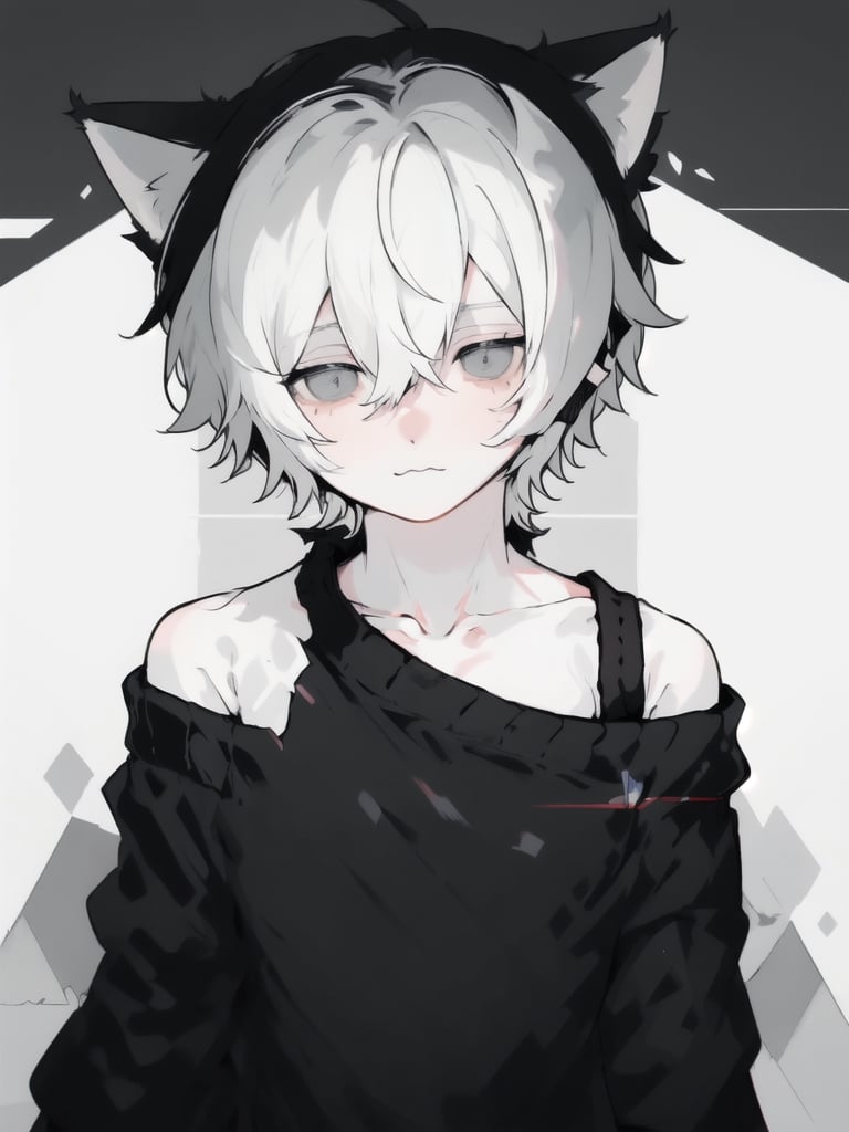 dark,black,(Plain_color),(((short-hair))),(((1boy))),(((black_White_hair))),simple,(((offshoulder black sweater))),(((solo))),(((look into the eyes))),(((Shota))),(((cat_ear))),(((upper body))),(((cute))),(((Droopy eyes))),(love),(((obsessive lover))),(((rightside off shoulder))),(((clavicle))),(((exposure of skin)))