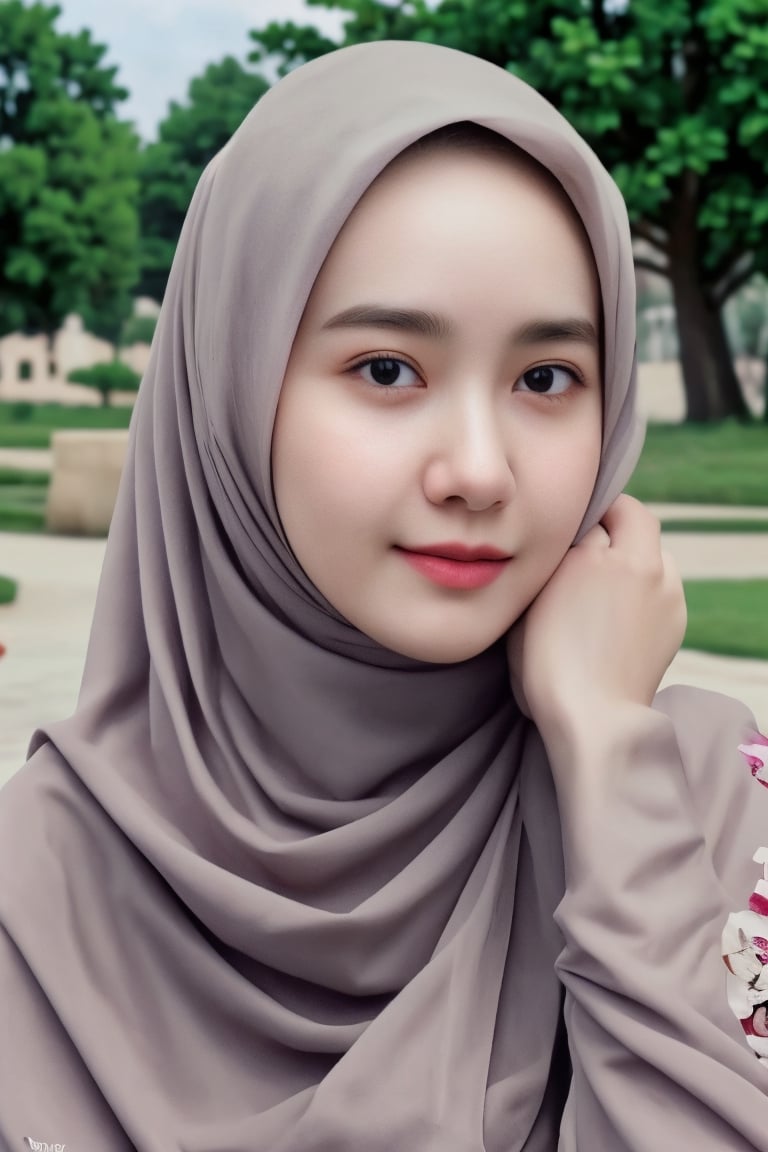 portrait of a beautiful girl, wearing a Islamic hijab, glassesrealistic, best quality, 4k, high resolution, masterpiece: 1.2, highly detailed, realistic: 1.37, flower garden background, sitting on a park chair, natural,dilraba,yoona