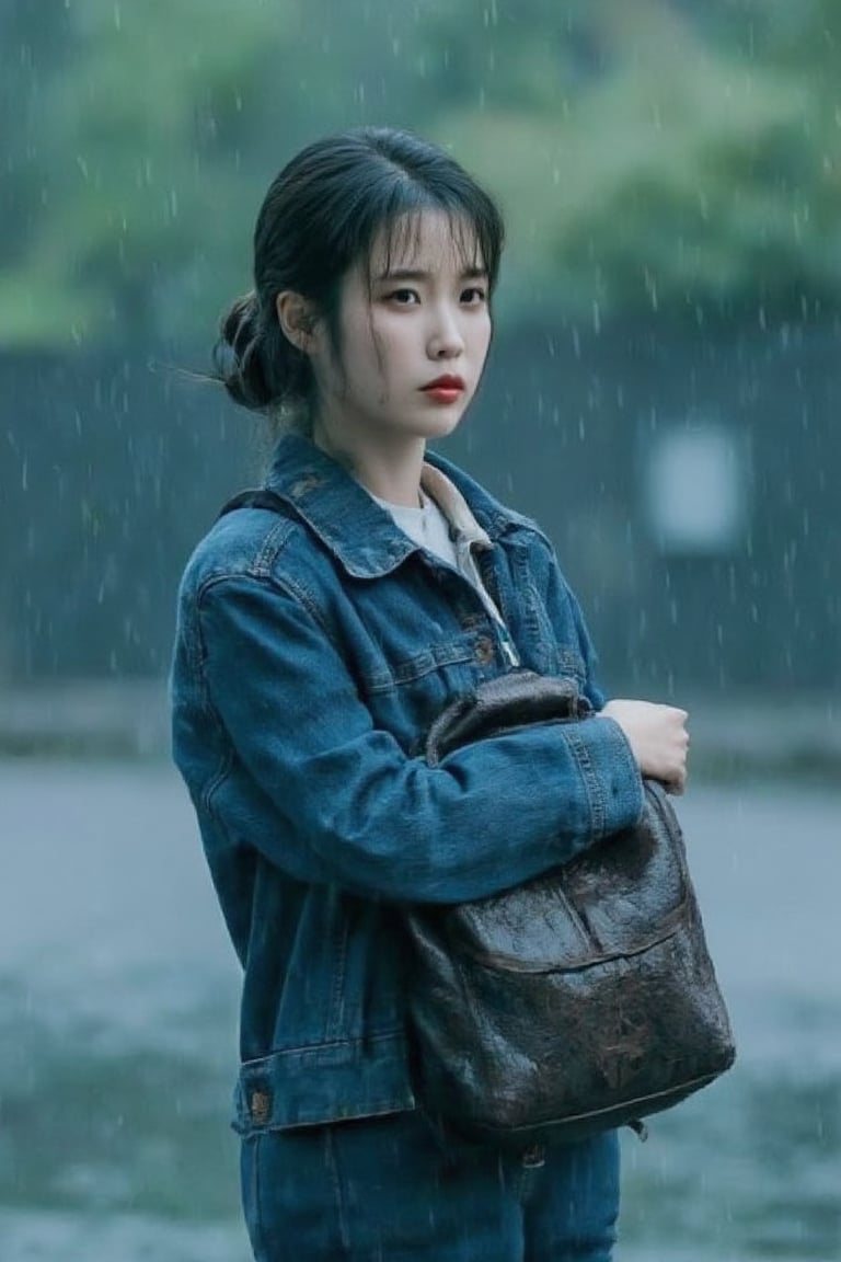 A melancholic scene unfolds: a girl with short, jet-black hair styled in a sleek ponytail stands alone, her features blurred by the relentless rain. Tears stream down her face as she clutches a worn backpack, her lips trembling with sadness. She's wrapped in a denim jacket, a symbol of comfort and protection against the stormy weather that mirrors her emotional turmoil.,Iu