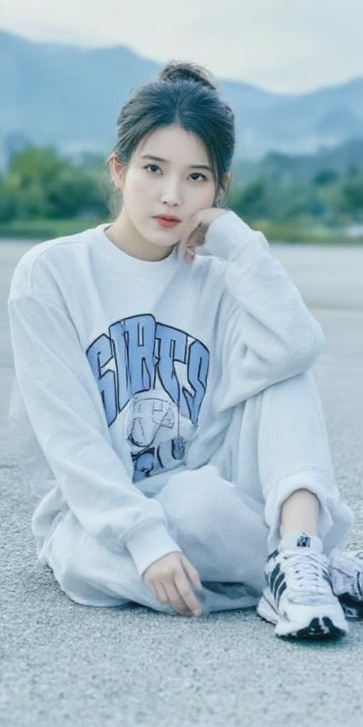 Captured at eye-level, a young Asian woman is seated on a concrete surface, wearing a white long-sleeved sweatshirt with the word "SIRTS" in blue letters on the front of the sweatshirt. Her hair is pulled back in a bun, and she is wearing a pair of white sneakers with black and white stripes on the side of the shoes. She is holding her sneakers in her right hand, while her left hand is resting on the ground. The background is blurred, with trees and mountains visible in the distance.,Iu,wonder beauty