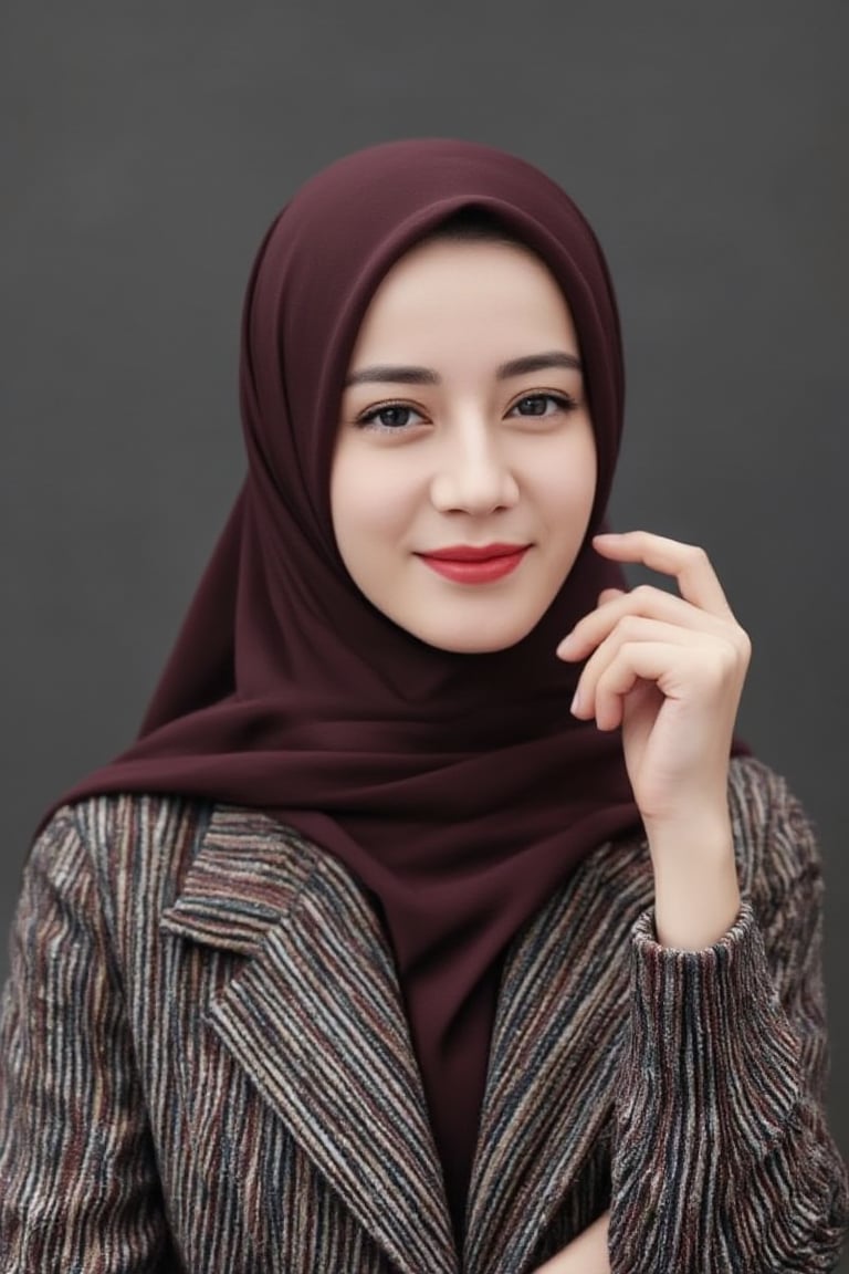 Photography shoot of a young Muslim woman smiling, basic_background,Hand,dilraba_dilmurat