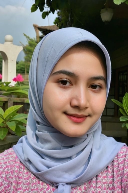 potret gadis cantik, berhijab islami, kacamatarealistik, kualitas terbaik, 4k, resolusi tinggi, karya: 1.2, sangat detail, realistis: 1.37, background taman bunga, duduk di kursi taman, natural,dilraba,yoona,cewekcantik,hij4b