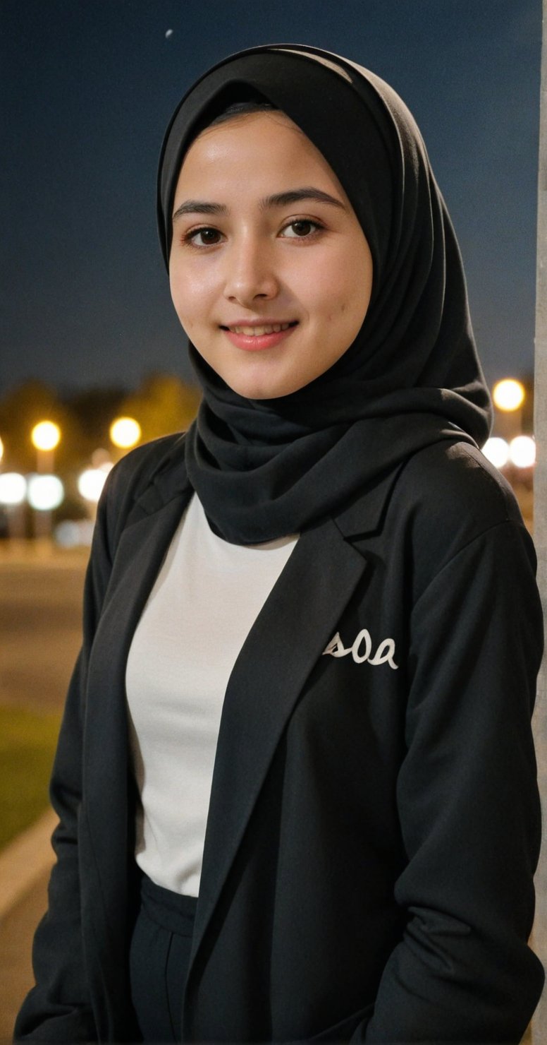 The 18 year old young girl poses confidently at night with natural moonlight. she wore a Parisian hijab, thick jacket and long black bottoms. The camera takes pictures from the side and front, focusing on the thick jacket and sweet smile. his subordinates are the center of attention.