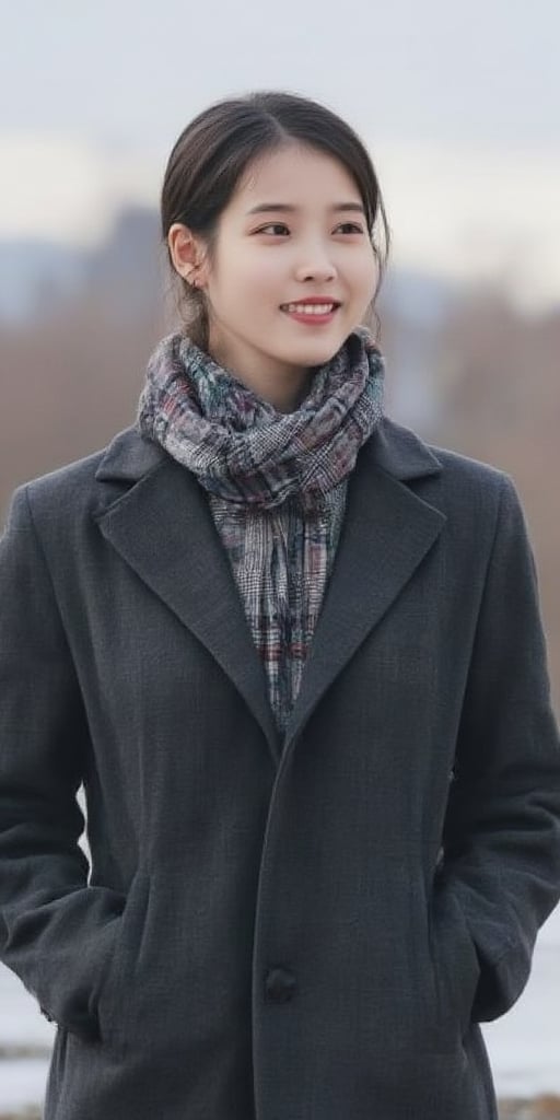 solo, looking at viewer, hijab, smile, 1girl, male focus, teeth, scarf, grin, coat, realistic, hands in pockets,Iu