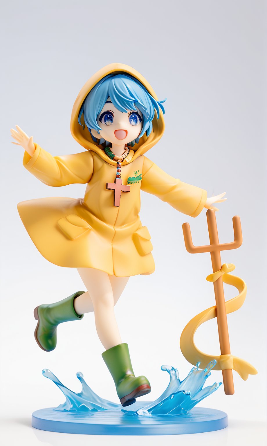 score_9,score_8_up,score_7_up,figure style,source_anime.
1girl, solo, Luce, blue eyes,light blue hair,short hair,christian cross necklace,yellow hooded cape,green boots yellow,two-pronged cane.
jumping, walking, smile, on the water, happy.
close shot, masterpiece, white background,3D,Cartoon