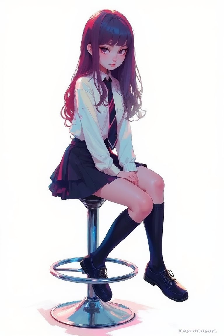 kawaiicolors, texture, brushstrokes, digital render studio photo, a 17-year-old girl sitting on a bar stool, looking at viewer, wearing formal school uniform, short skirt, necktie, white simple background. astroflux_v101