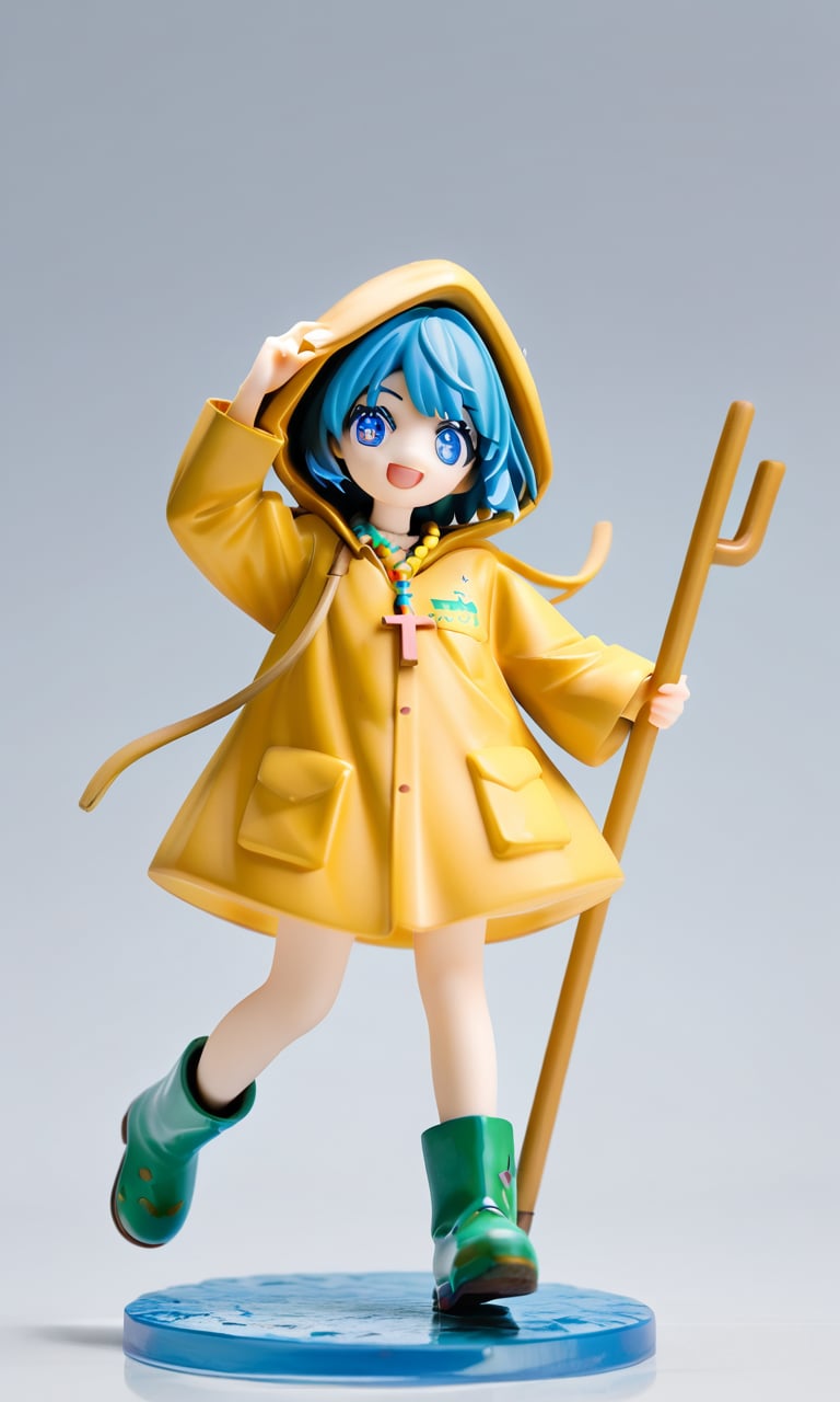 score_9,score_8_up,score_7_up,figure style,source_anime.
lucexlp, 1girl, solo, short hair, blue eyes, long sleeves, jewelry, blue hair, hood, necklace, coat, hood up, raincoat, yellow coat, yellow raincoat, holding staff, green footwear, rubber boots.
jump, smile, on the water, happy.
masterpiece, white background,3D,Cartoon