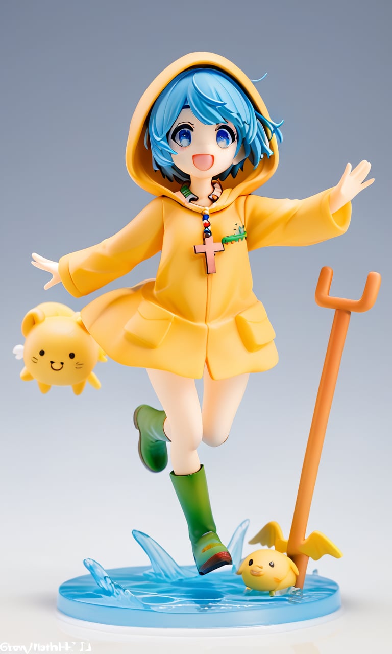 score_9,score_8_up,score_7_up,figure style,source_anime.
1girl, solo, Luce, blue eyes,light blue hair,short hair,christian cross necklace,yellow hooded cape,green boots yellow,two-pronged cane.
jumping, walking, smile, on the water, happy.
masterpiece, white background,3D,Cartoon