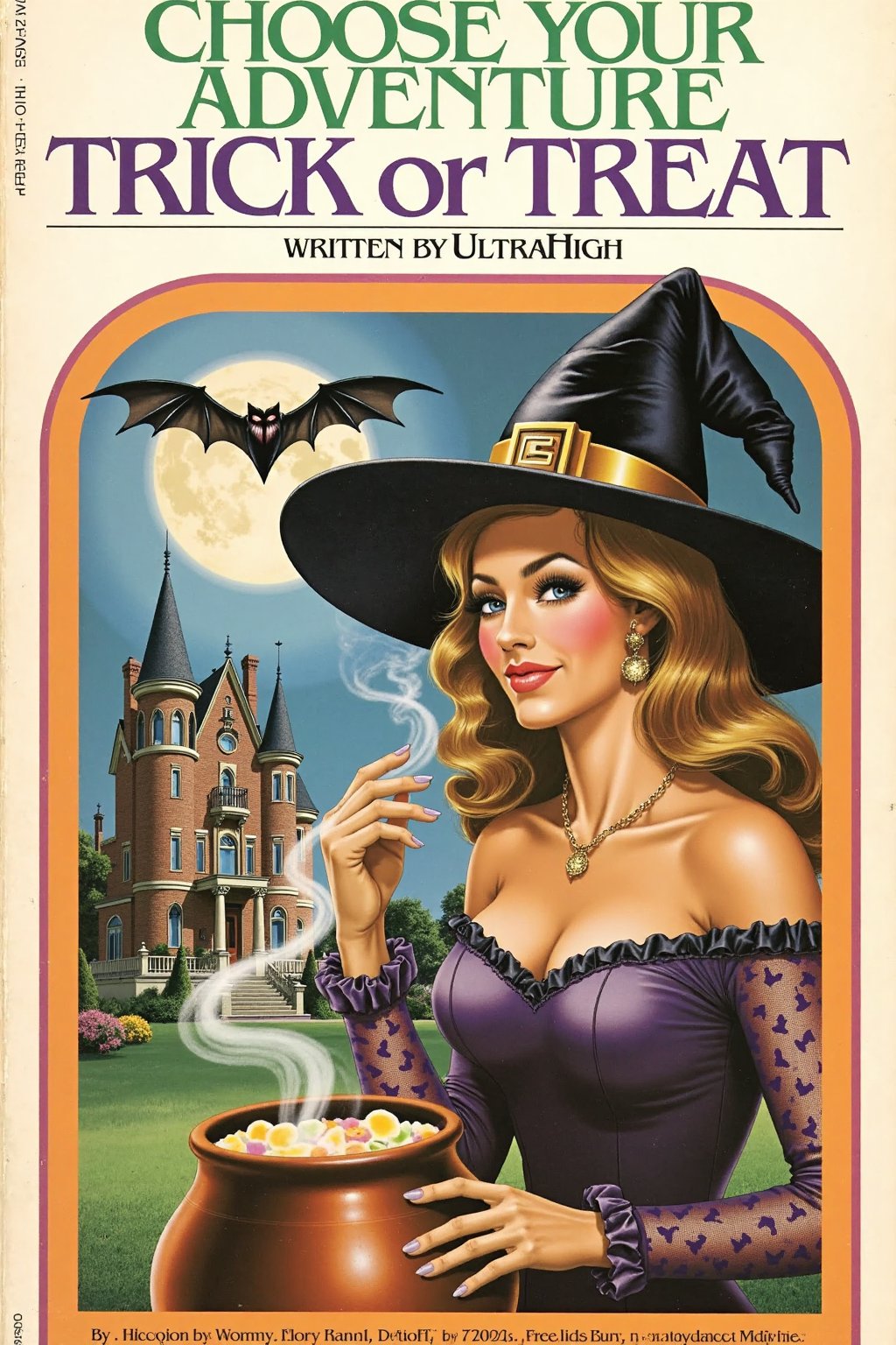 "choose your own adventure" book cover titled "trick or treat" in small text under the title "written by UltraHigh" illustration showing a gorgeous woman dressed as a witch brewing a magic spell in her witches cauldron, haunted mansion, hyper realism, uhd, hyper detailed, ultra high resolution, science fiction, horror,