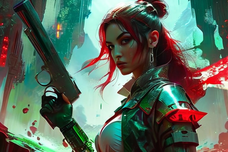 A techno-cyberpunk style greed, red, green and silver galaxy, beautiful female assassin in a fantasy landscape, soft lighting, sharp focus, by Marc Simonetti & Yoji Shinkawa & WLOP, paint drops, trending on artstation, studio photo, intricate details, highly detailed,DracolichXL24